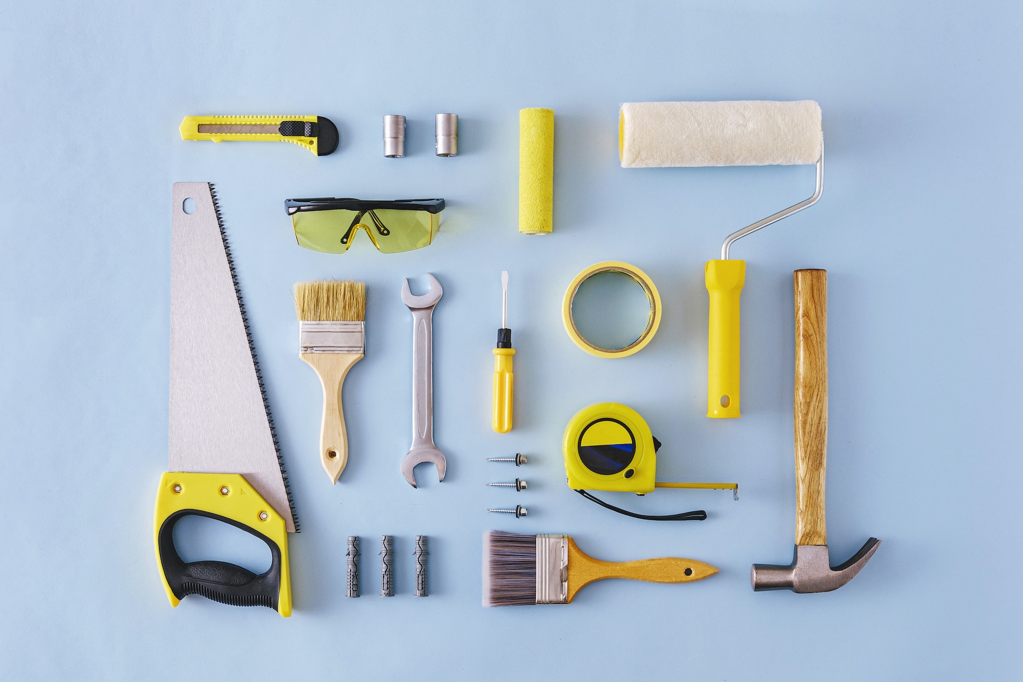 Flat lay still life of assorted DIY tools